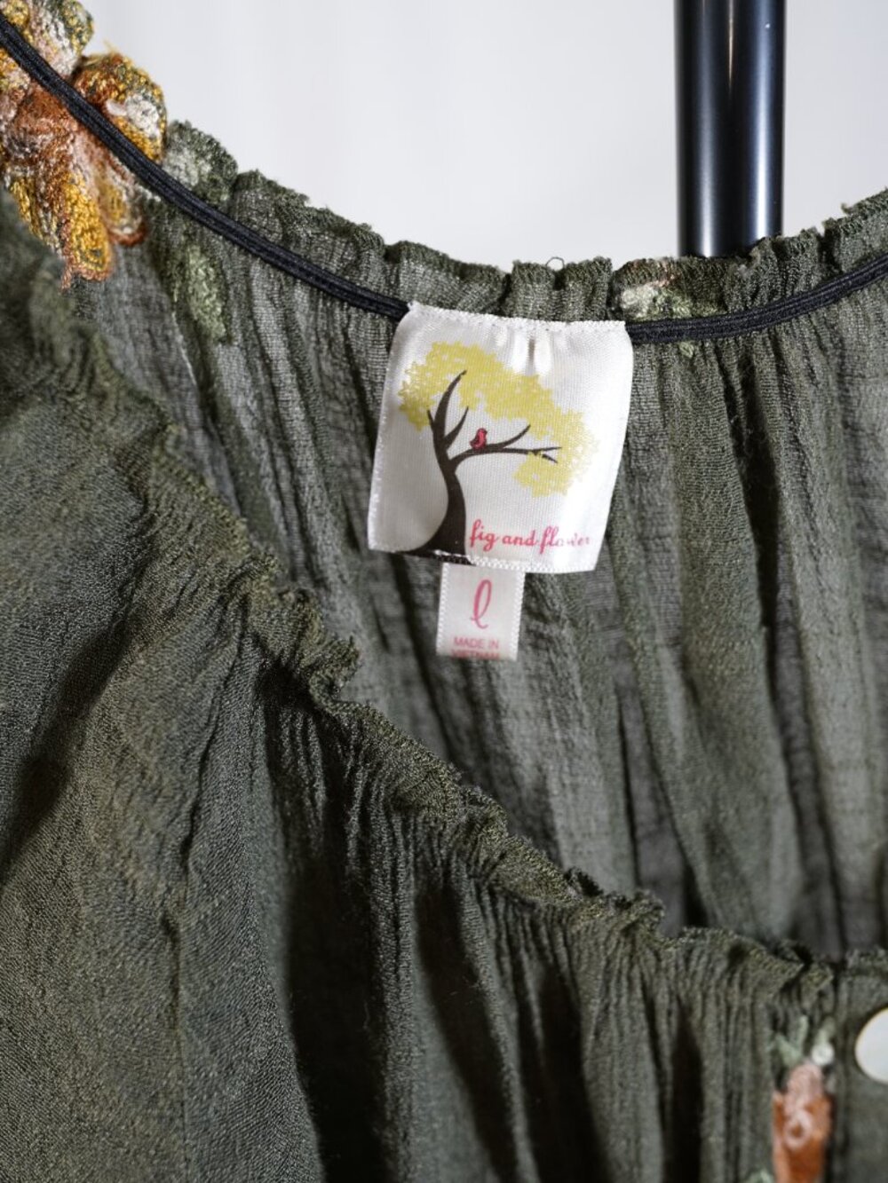 Fig and Flower Olive Green Embroidered Flora Boho Prairie Maxi Dress L - Picture 3 of 6